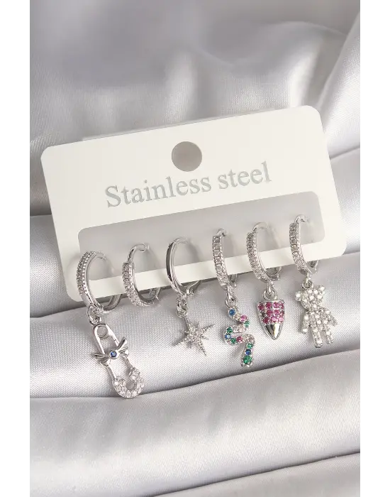 Pirinç Gümüş Renk Zirkon Taşlı Yılan Figür Kadın Küpe Seti