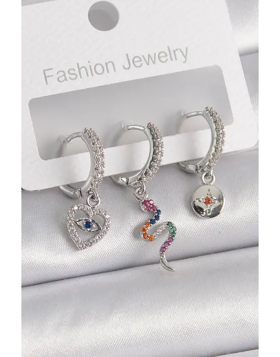  Gümüş Zirkon Taşlı Yılan Kalp Figür Çelik Küpe