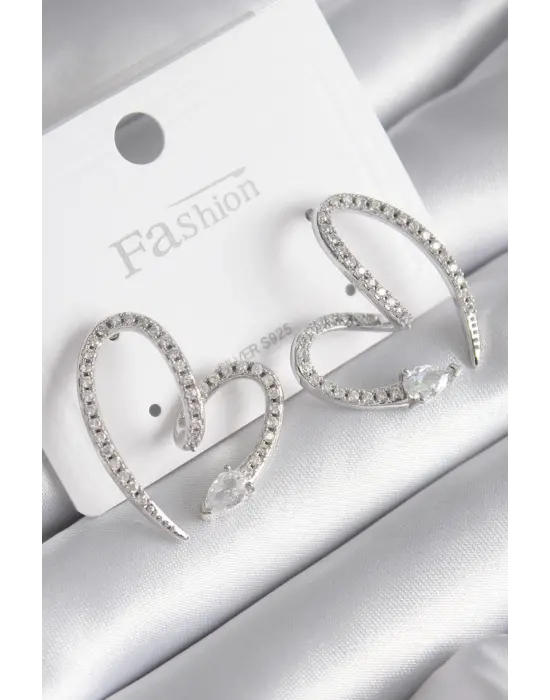  Gümüş Zirkon Taşlı Yılan Kalp Model Çelik Küpe