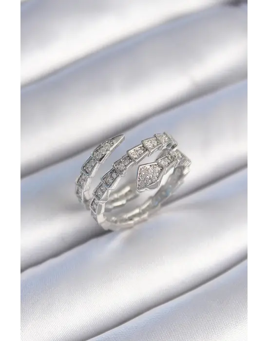  Gümüş Zirkon Taşlı Yılan Model Çelik Yüzük