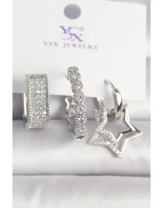 Pirinç Gümüş Renk Zirkon Taşlı Yıldız Figür Halka Model 3Lü Kadın Kombin Küpe