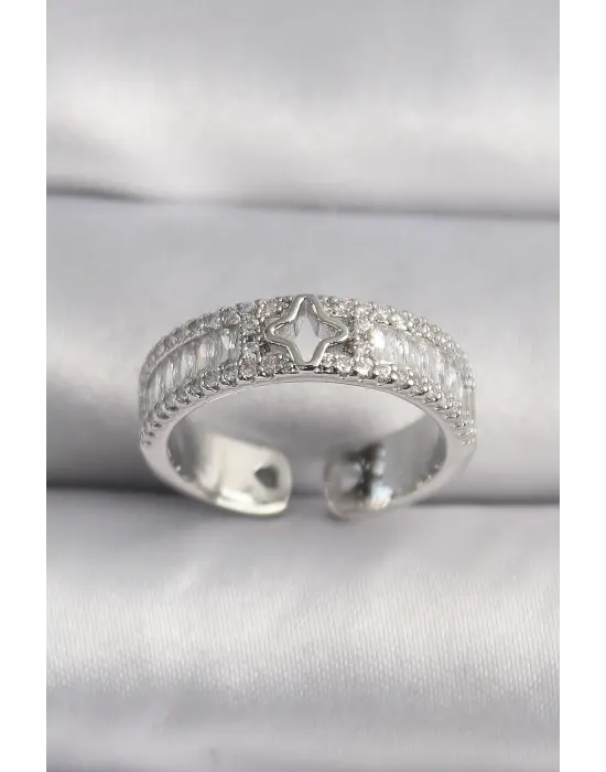  Gümüş Zirkon Taşlı Yıldız İşleme VIP Seri Çelik Yüzük