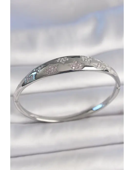 Pirinç Gümüş Renk Zirkon Taşlı Yıldız İşlemeli Kadın Kelepçe