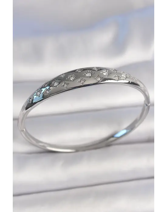 Pirinç Gümüş Renk Zirkon Taşlı Yıldız İşlemeli Kadın Kelepçe