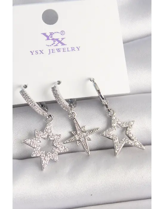 Pirinç Gümüş Renk Zirkon Taşlı Yıldız Model 3Lü Kadın Kombin Küpe