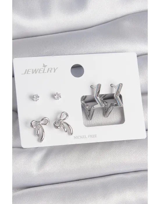 Pirinç Gümüş Renk Zirkon Taşlı Yıldız Model Fiyonk Detay 3 Çift Kadın Küpe Seti