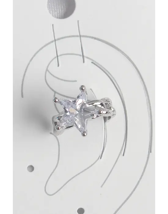 Pirinç Gümüş Renk Zirkon Taşlı Yıldız Model Kadın Kıkırdak Küpe