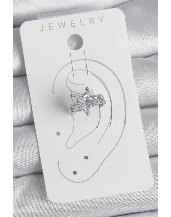 Pirinç Gümüş Renk Zirkon Taşlı Yıldız Model Kadın Kıkırdak Küpe