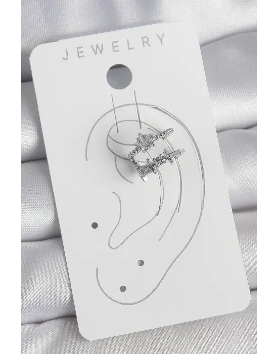 Çelik Gümüş Renk Zirkon Taşlı Yıldız Model Kadın Kıkırdak Küpe