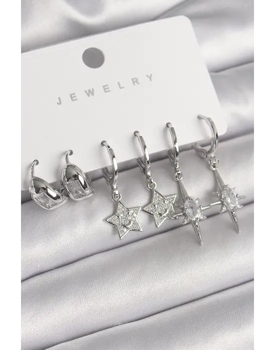  Gümüş Zirkon Taşlı Yıldız Model Çelik Küpe Seti