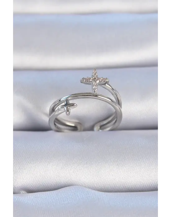  Gümüş Zirkon Taşlı Yıldız Model Çelik Yüzük