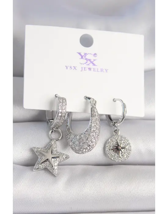 Pirinç Gümüş Renk Zirkon Taşlı Yıldız Model Kutup Yıldız İşleme Detay 3Lü Kadın Kombin Küpe