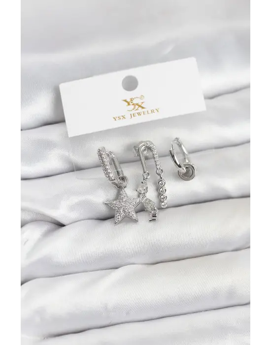 Çelik Gümüş Renk Zirkon Taşlı Yıldız Vintage Model YSX Trio Küpe Seti