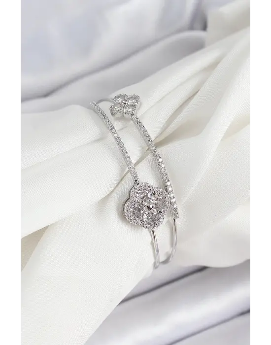 Pirinç Gümüş Renk Zirkon Taşlı Yonca Model 2li Kadın Bileklik