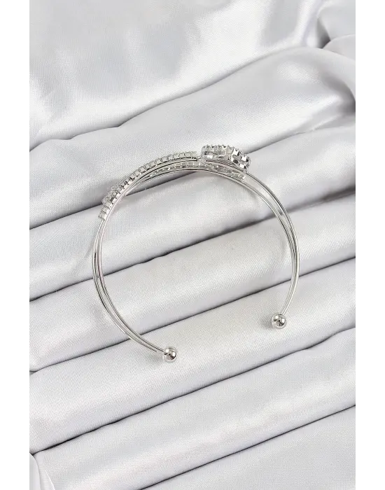 Pirinç Gümüş Renk Zirkon Taşlı Yonca Model 2li Kadın Bileklik