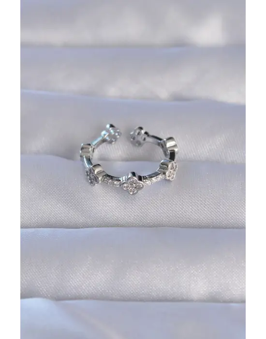  Gümüş Zirkon Taşlı Yonca Model Ayarlanabilir Yüzük