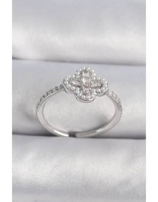  Gümüş Zirkon Taşlı Yonca Model İnci Detay Çelik Yüzük