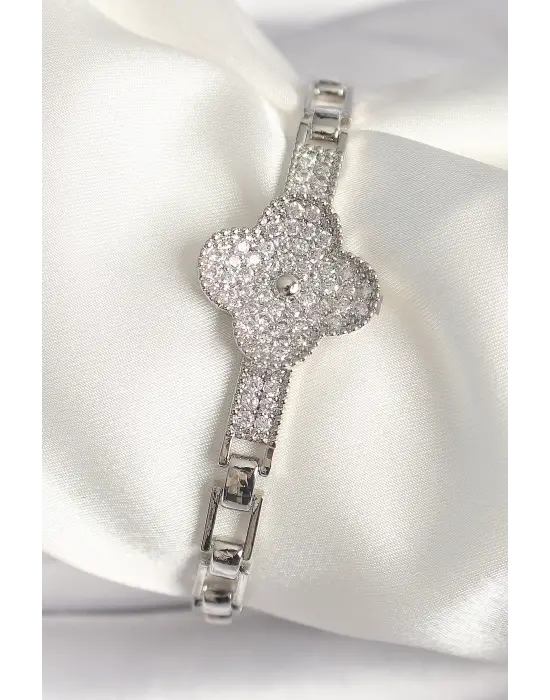 Pirinç Gümüş Renk Zirkon Taşlı Yonca Model Kadın Bileklik