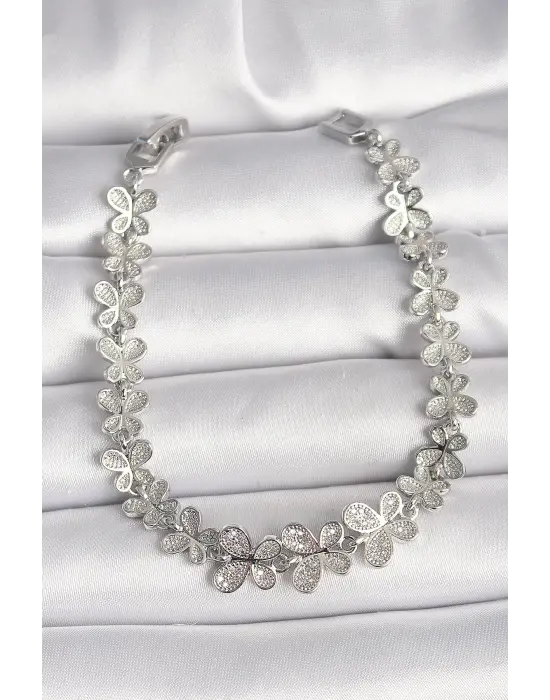 Pirinç Gümüş Renk Zirkon Taşlı Yonca Model Kadın Bileklik