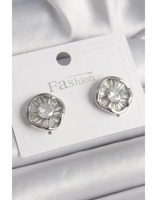  Gümüş Zirkon Taşlı Yonca Model Çelik Küpe