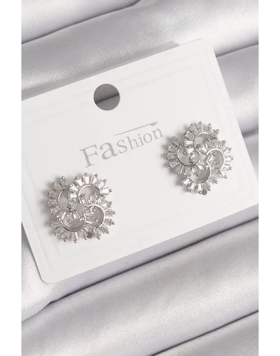  Gümüş Zirkon Taşlı Yonca Model Çelik Küpe