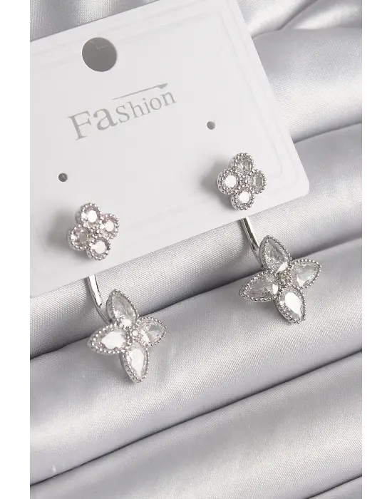  Gümüş Zirkon Taşlı Yonca Model Çelik Küpe