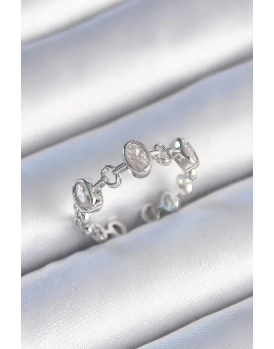  Gümüş Zirkon Taşlı Yuvarlak Zincir Model Çelik Yüzük