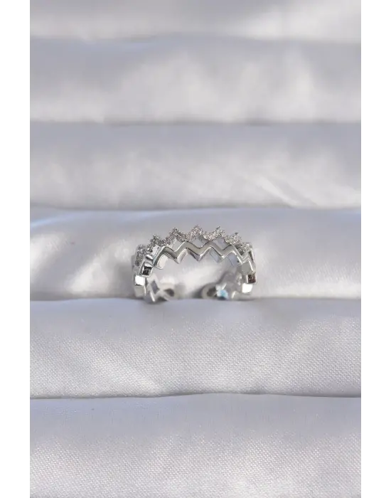  Gümüş Zirkon Taşlı Zikzak Model Ayarlanabilir Yüzük