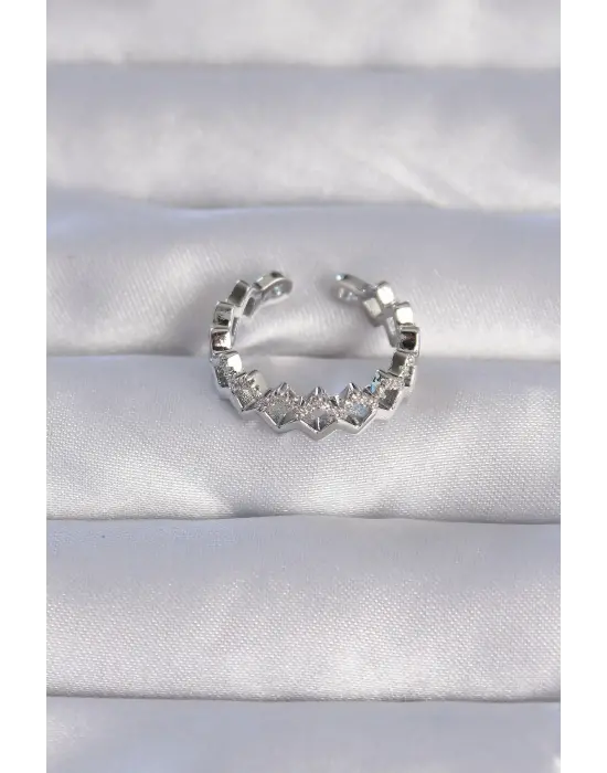  Gümüş Zirkon Taşlı Zikzak Model Ayarlanabilir Yüzük