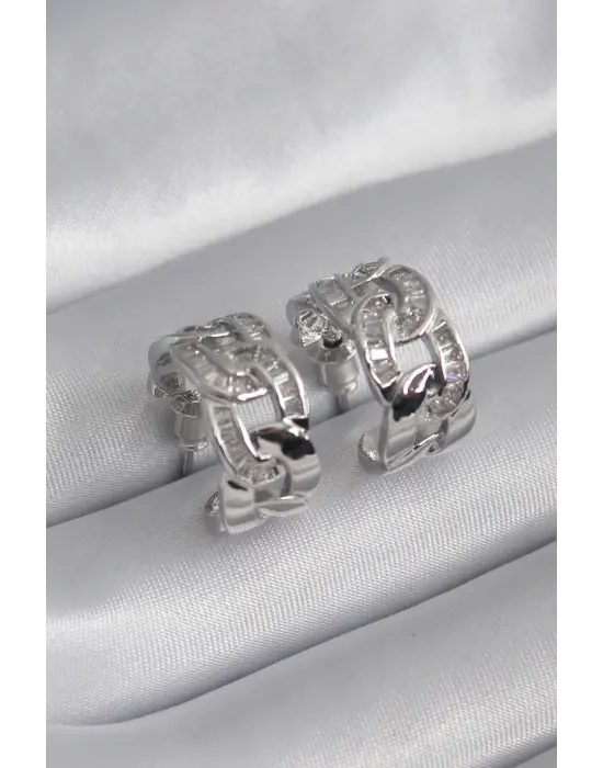  Gümüş Zirkon Taşlı Zincir Model Çelik Küpe