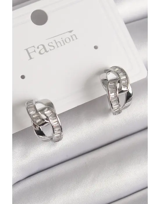  Gümüş Zirkon Taşlı Zincir Model Çelik Küpe