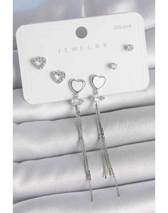 Pirinç Gümüş Sallantı Beyaz Mineli Kalp Model Zirkon Taşlı Kalp Detay 925 Ayar Gümüş Çivi Kadın Küpe Seti