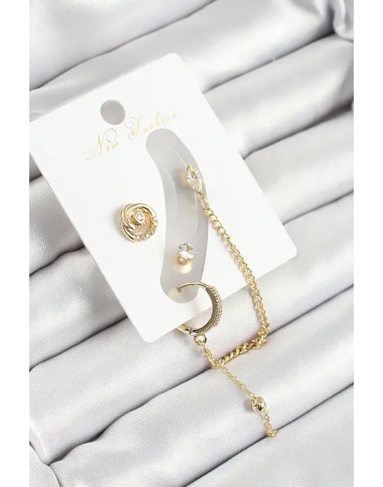 Pirinç Halka Figürlü Zirkon Taşlı Gold Renk 3lü Kıkırdak Kadın Küpe Set