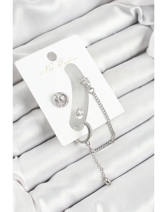 Pirinç Halka Figürlü Zirkon Taşlı Gümüş Renk 3lü Kıkırdak Kadın Küpe Set