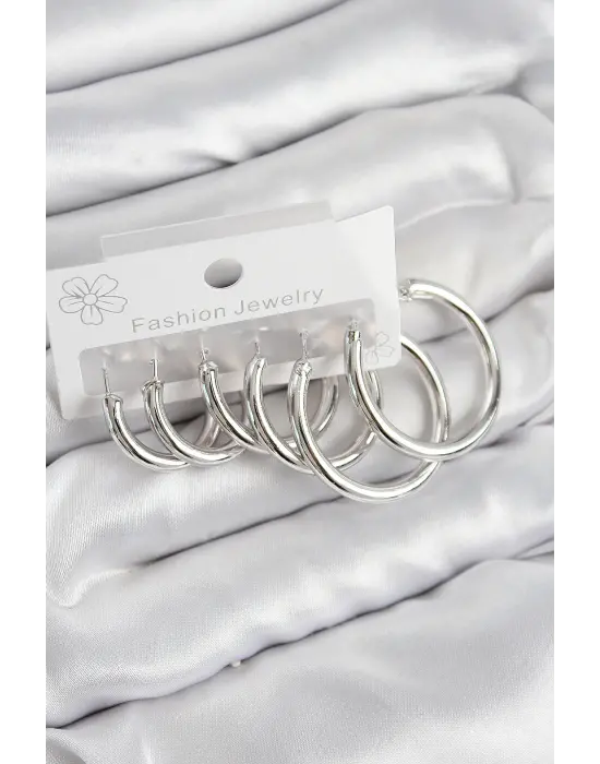 Pirinç Halka Model Gümüş Renk Kadın Set Küpe