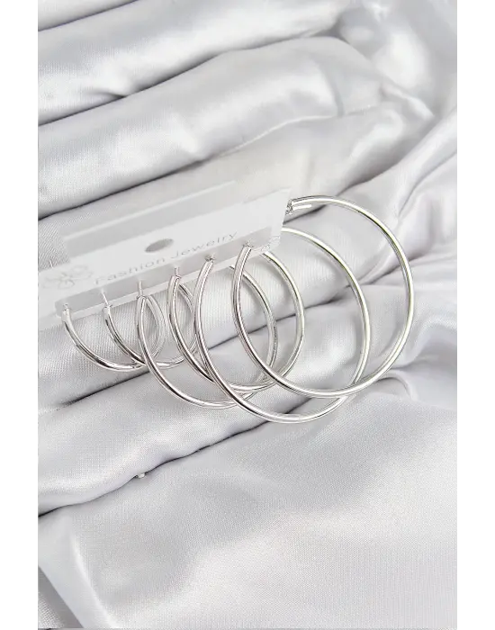 Pirinç Halka Model Gümüş Renk Kadın Set Küpe