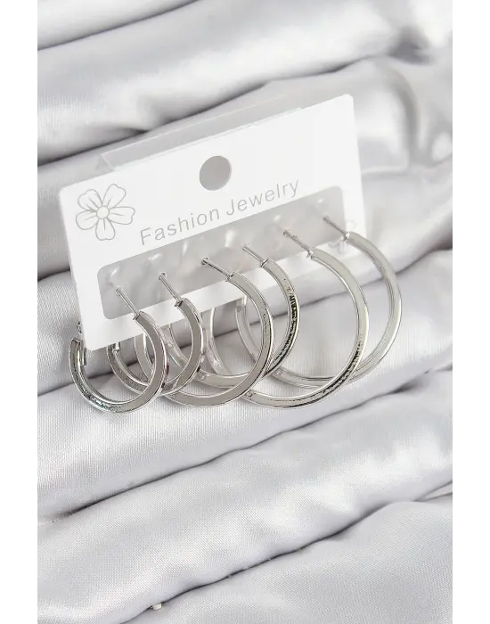 Pirinç Halka Model Gümüş Renk Kadın Set Küpe