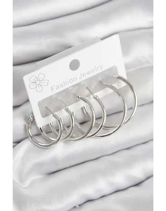 Pirinç Halka Model Gümüş Renk Kadın Set Küpe