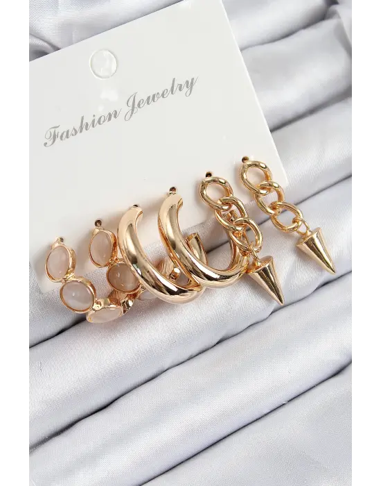 Pirinç Halka Ve Zincir Model Gold Renk Kadın Set Küpe