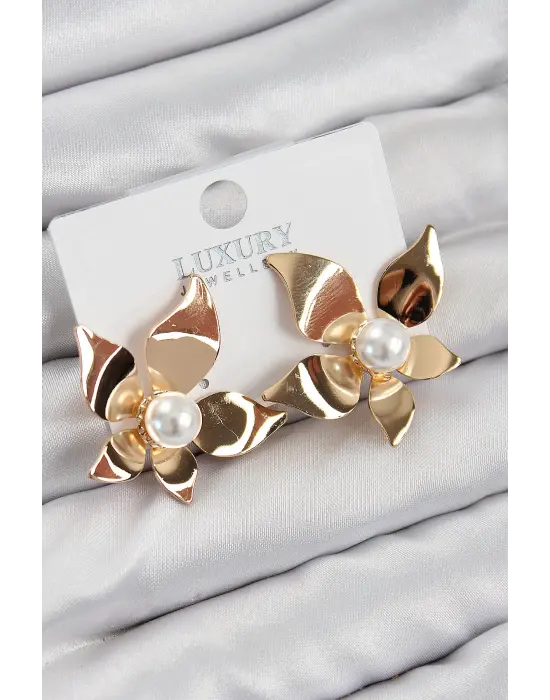 Pirinç İnci Detaylı Çiçek Model Gold Renk Kadın Küpe