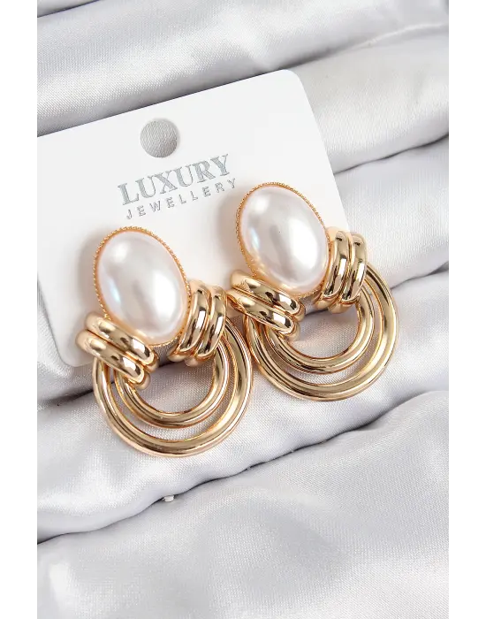 Pirinç İnci Detaylı Vintage Model Gold Renk Kadın Küpe