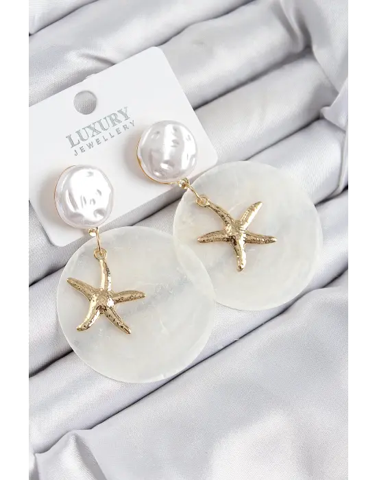 Pirinç İncili Deniz Kabuğu Figürlü Sedef Model Gold Renk Kadın Küpe