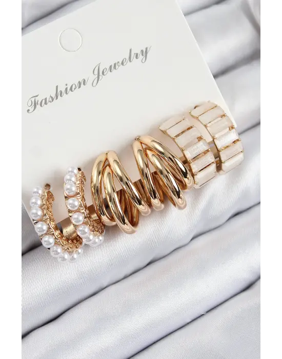 Pirinç İncili Halka Model Gold Renk Kadın Set Küpe