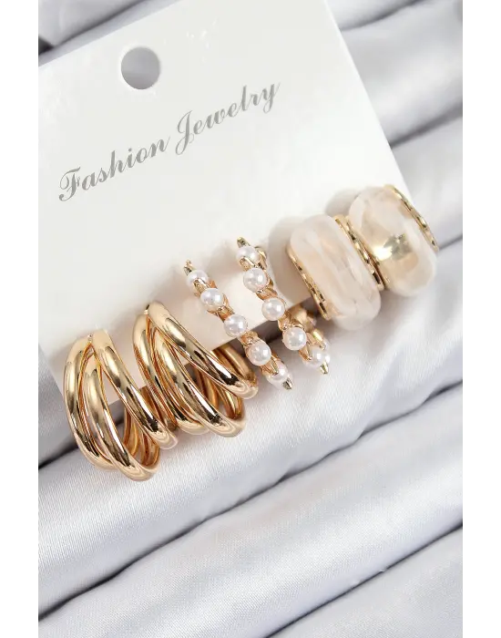 Pirinç İncili Halka Model Gold Renk Kadın Set Küpe