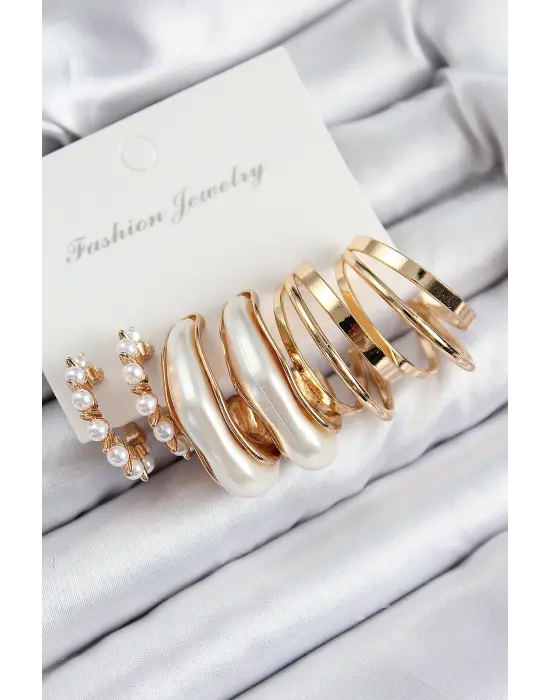 Pirinç İncili Halka Model Gold Renk Kadın Set Küpe
