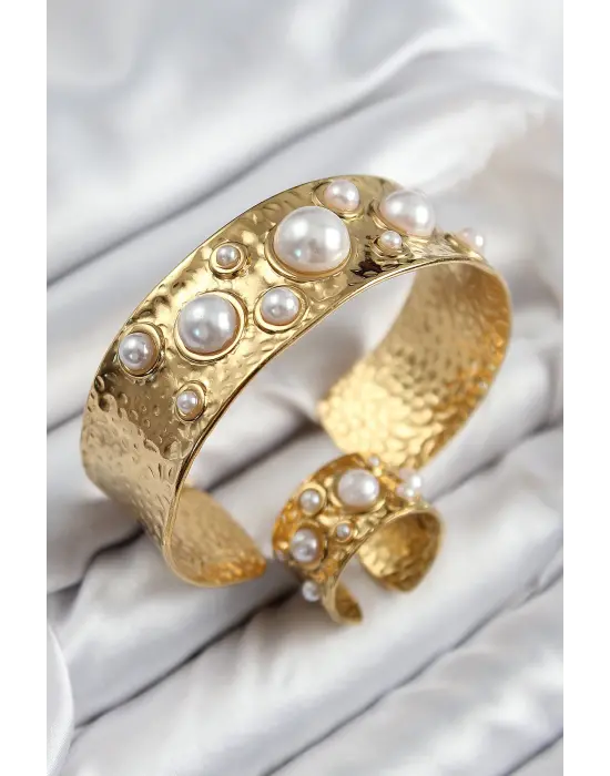 Pirinç İncili Model Gold Renk Bileklik Yüzük Set