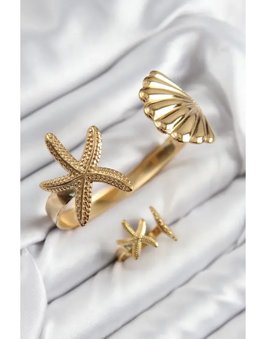 Pirinç İstiridye Ve Deniz Yıldızı Model Gold Renk Bileklik Yüzük Set