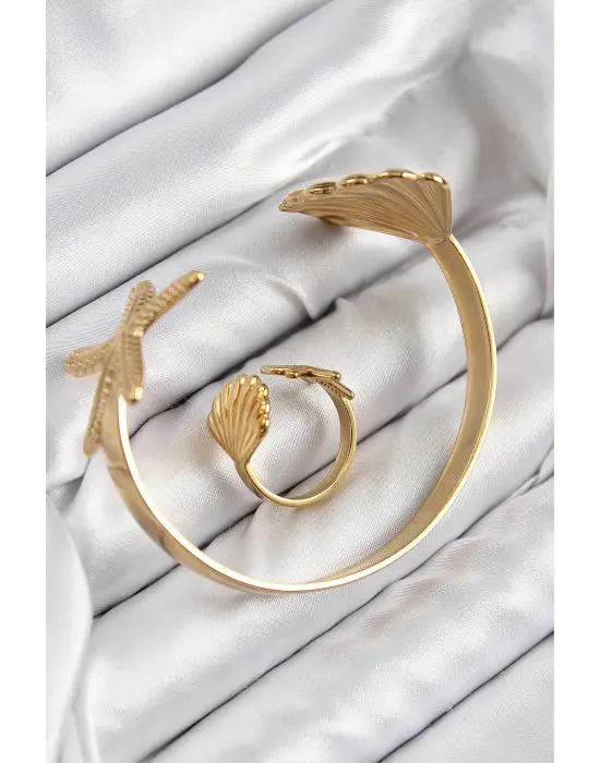 Pirinç İstiridye Ve Deniz Yıldızı Model Gold Renk Bileklik Yüzük Set