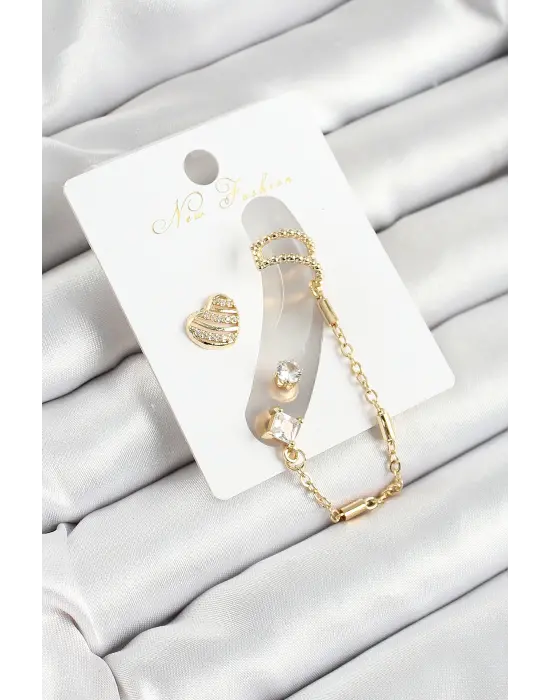 Pirinç Kalp Figürlü Zirkon Taşlı Gold Renk 3lü Kıkırdak Kadın Küpe Set