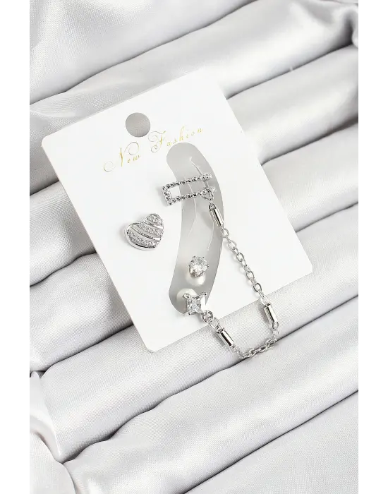 Pirinç Kalp Figürlü Zirkon Taşlı Gümüş Renk 3lü Kıkırdak Kadın Küpe Set